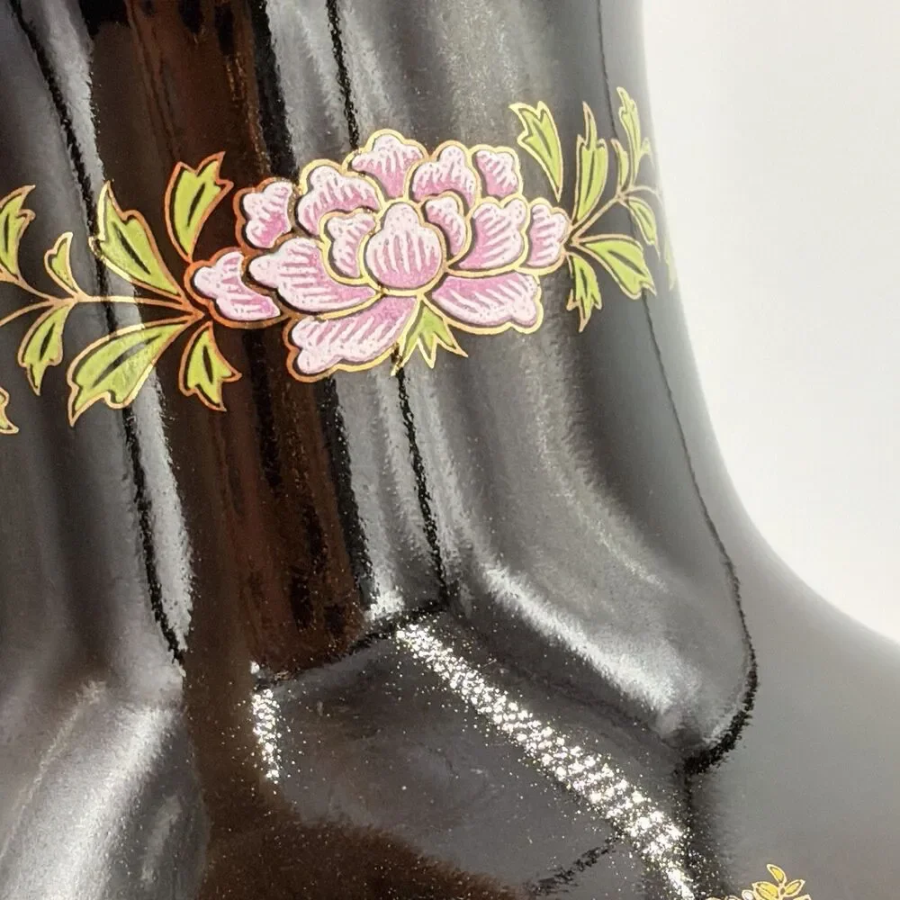 Vintage Japanese Black Peacock Floral Vase 11” Gold Trim Hand Decorated Japan